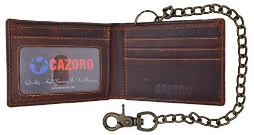 Todays Special Picks Men'S Rfid Signal Blocking Biker'S Slim Bifold Chain Card Id Vintage Brown Leather Wallet