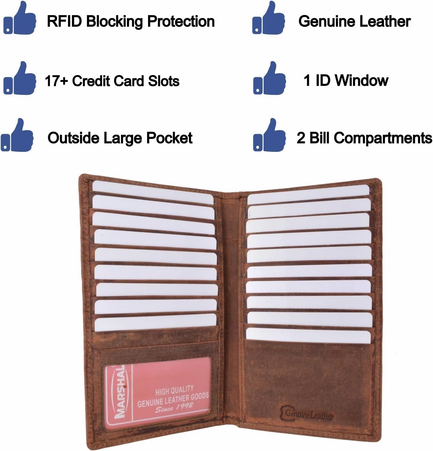 Shop Smart Deals Hot Item Clearance Marshal Bifold Leather Rfid Blocking Wallet For Men & Women | Genuine Leather Holder With 19 Slots, 2 Bill Compartments & Id Window For Credit/Debit Cards, Money & More (Black)