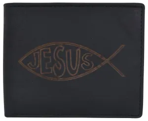 Hot Price Drop New Men'S Rfid Jesus Printed Logo Genuine Leather Bifold Wallet 