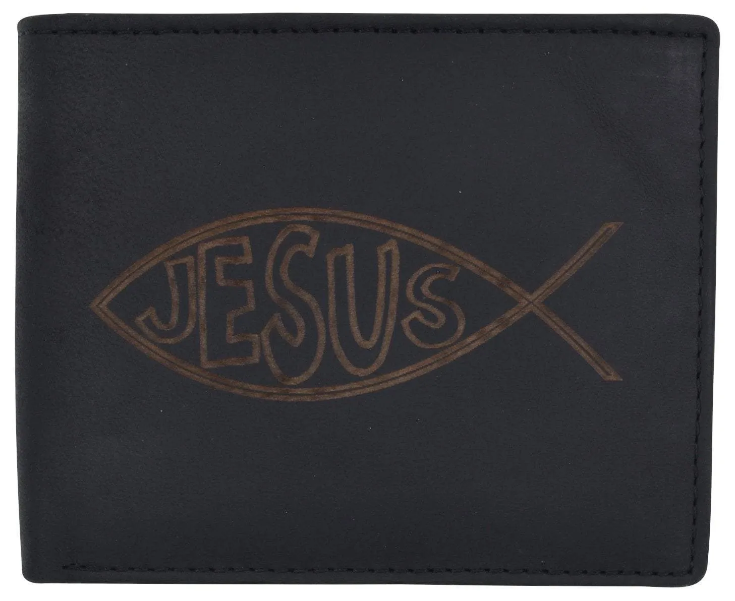 Hot Price Drop New Men'S Rfid Jesus Printed Logo Genuine Leather Bifold Wallet 