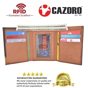 Cazoro Men'S Wallet Rfid Genuine Leather Slim Trifold With Id Window And Card Slots Light Brown Dont Miss Big Savings