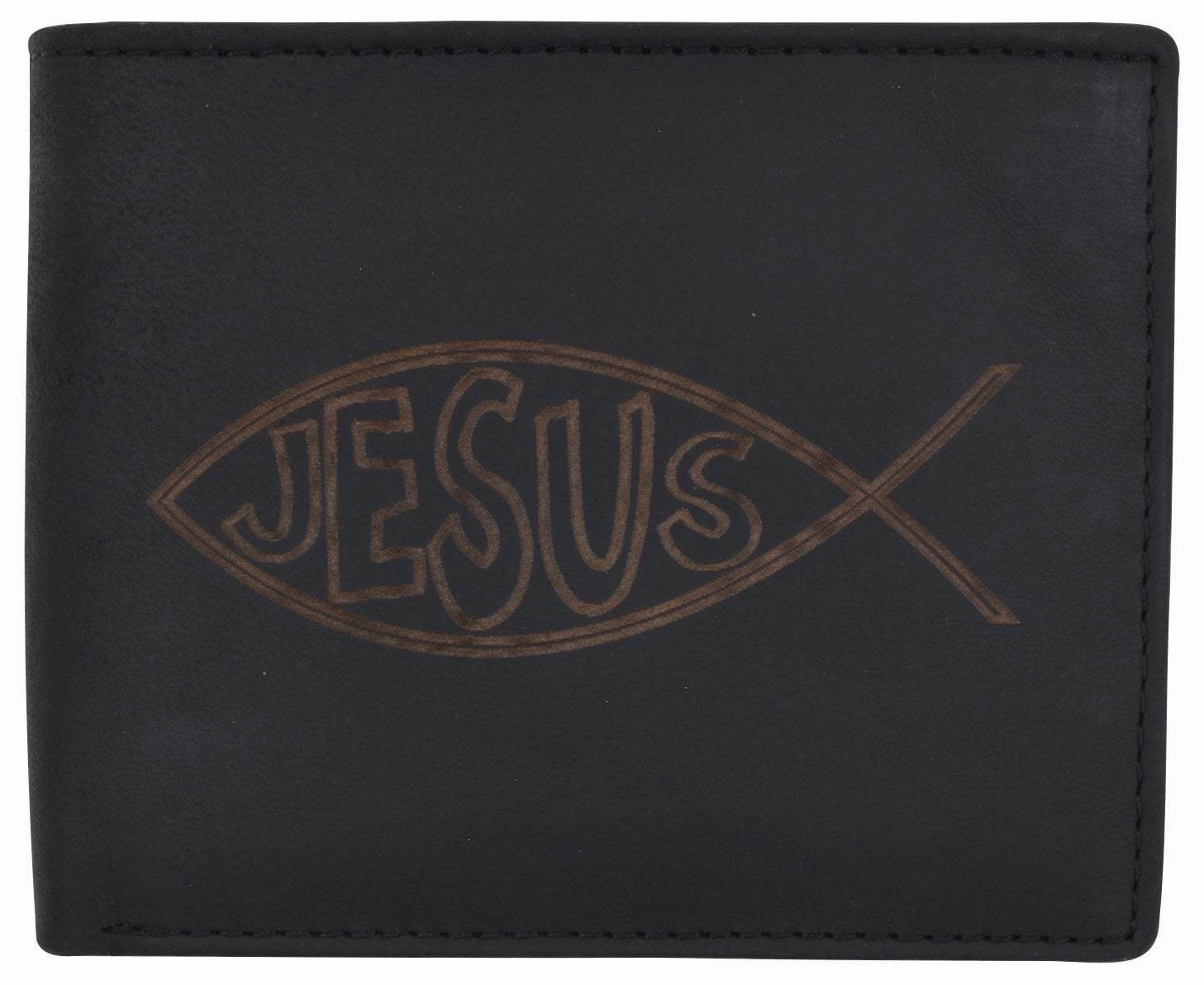 Hot Price Drop New Men'S Rfid Jesus Printed Logo Genuine Leather Bifold Wallet 