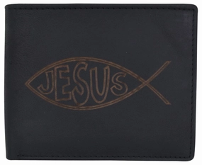 Hot Price Drop New Men'S Rfid Jesus Printed Logo Genuine Leather Bifold Wallet 