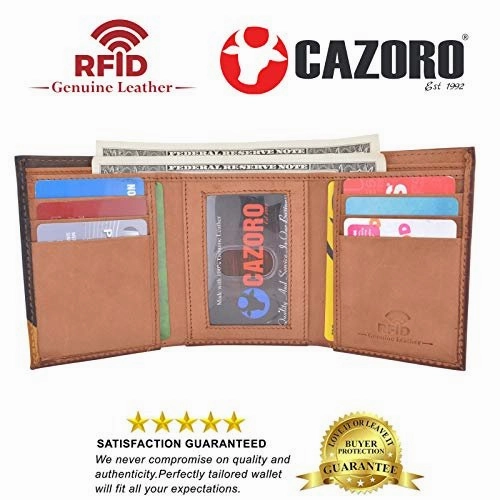Cazoro Men'S Wallet Rfid Genuine Leather Slim Trifold With Id Window And Card Slots Light Brown Dont Miss Big Savings