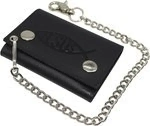 Hot Sale Frenzy Deal Frenzy Today Rfid Blocking Jesus Fish Men'S Trifold Ichthys Biker Genuine Leather Steel Chain Wallet Snap Closure (Jesus Fish Blind)