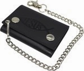 Hot Sale Frenzy Deal Frenzy Today Rfid Blocking Jesus Fish Men'S Trifold Ichthys Biker Genuine Leather Steel Chain Wallet Snap Closure (Jesus Fish Blind)