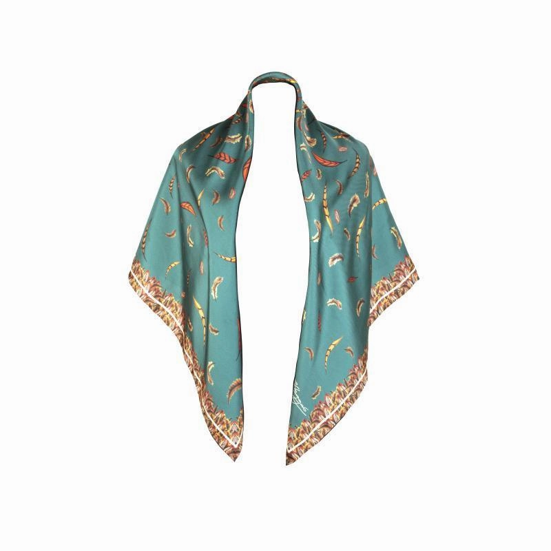 Clare Haggas Birds Of A Feather Large Twill Silk Scarf - Teal Trending Today Steal