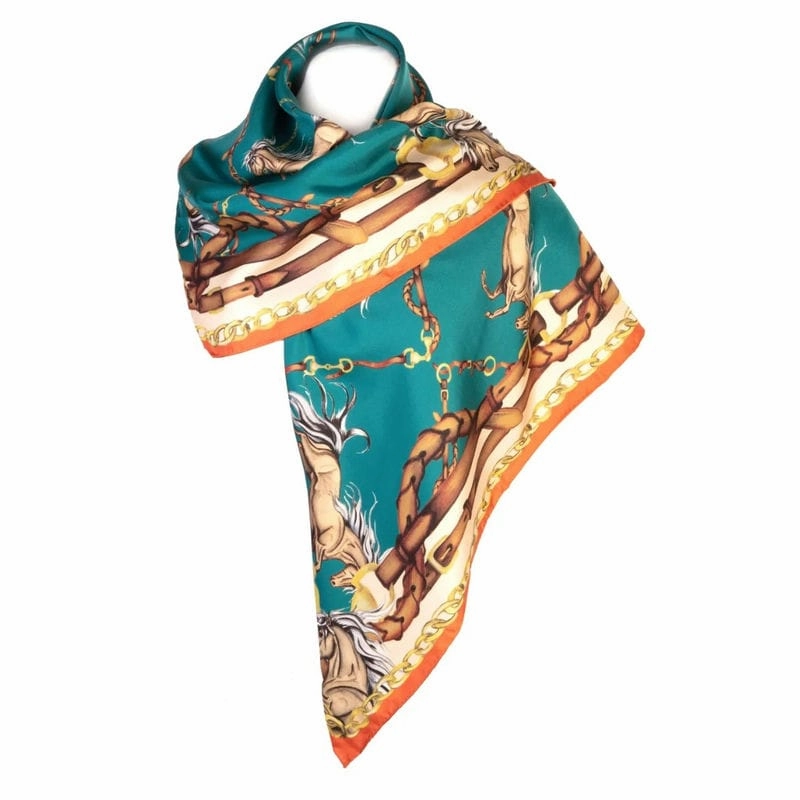 Todays Best Deal Clare Haggas Rearing To Go Large Silk Scarf - Teal & Rust