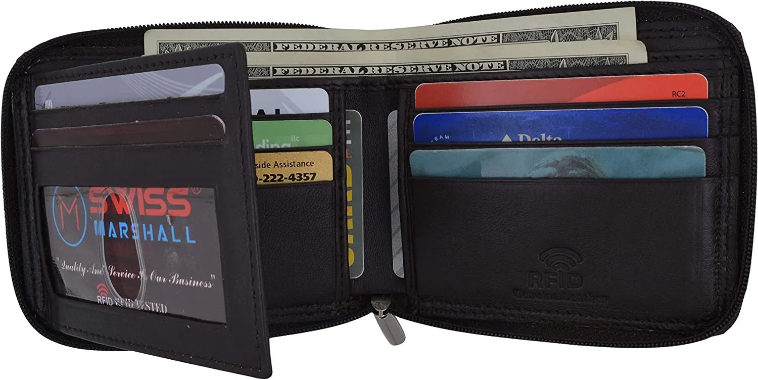 Swiss Marshall Men'S Zipper Rfid Blocking Premium Leather Zip-Around Id Bifold Wallet (Brown) MustHave Gift Ideas Mega Discount Today