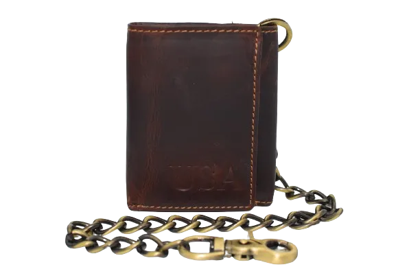 Flash Discount Today Exclusive Online Deal Personalized Biker Wallet Rfid Vintage Leather Brown Trifold Chain Wallet For Men