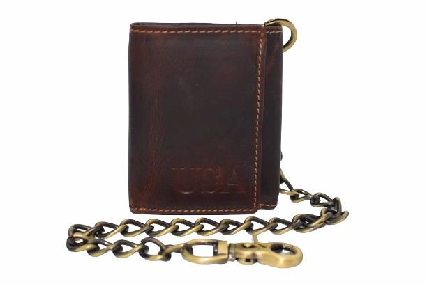 Flash Discount Today Exclusive Online Deal Personalized Biker Wallet Rfid Vintage Leather Brown Trifold Chain Wallet For Men