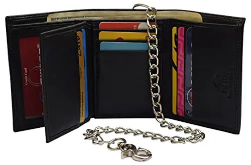 Men'S Rfid Blocking Premium Leather Chain Trifold Wallet Daily Hot Deal