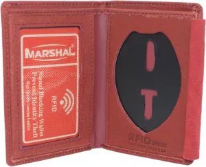 Limited Time Steal Marshal Rfid Blocking Cowhide Leather Burgundy Slim Thin Bifold Id Money Wallet Oval Shape Badge Holder