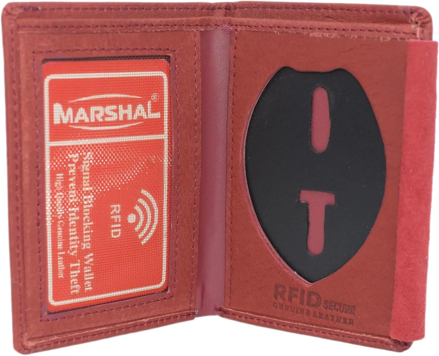 Limited Time Steal Marshal Rfid Blocking Cowhide Leather Burgundy Slim Thin Bifold Id Money Wallet Oval Shape Badge Holder