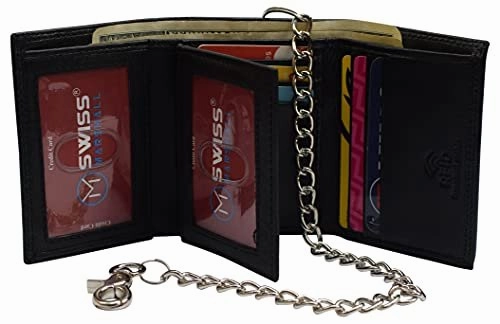 Perfect Gift Offer Men'S Rfid Blocking Premium Leather Chain Trifold Wallet