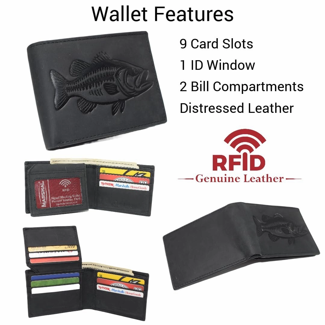 Perfect Gift Offer Hot Item Clearance Marshal FishermanS Rfid Blocking Vintage Leather Bifold Wallet With Debossed Bass Design For Outdoorsmen
