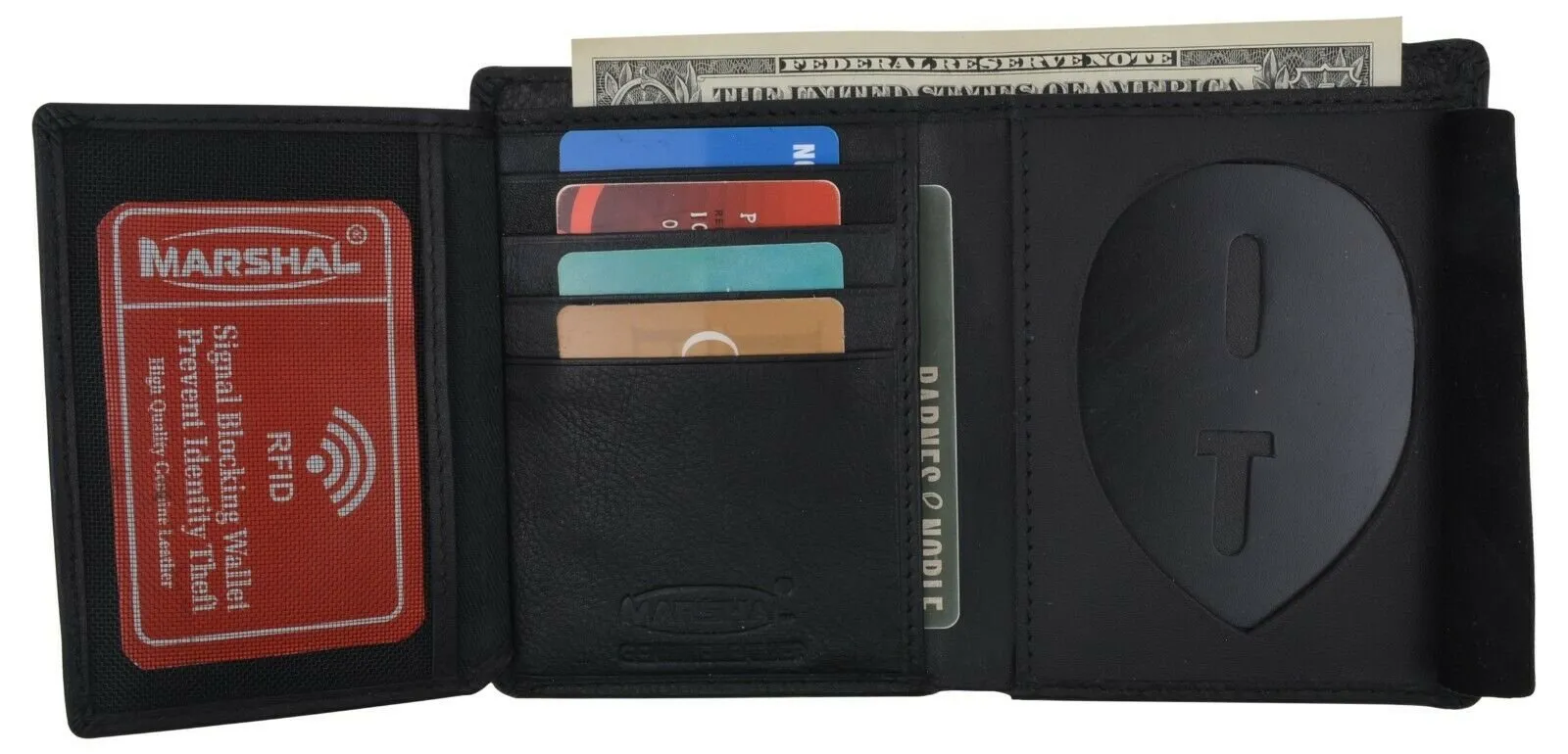 Black Rfid Genuine Leather Badge Id Holder Trifold Wallet MustShop Sale Hot Deals Today