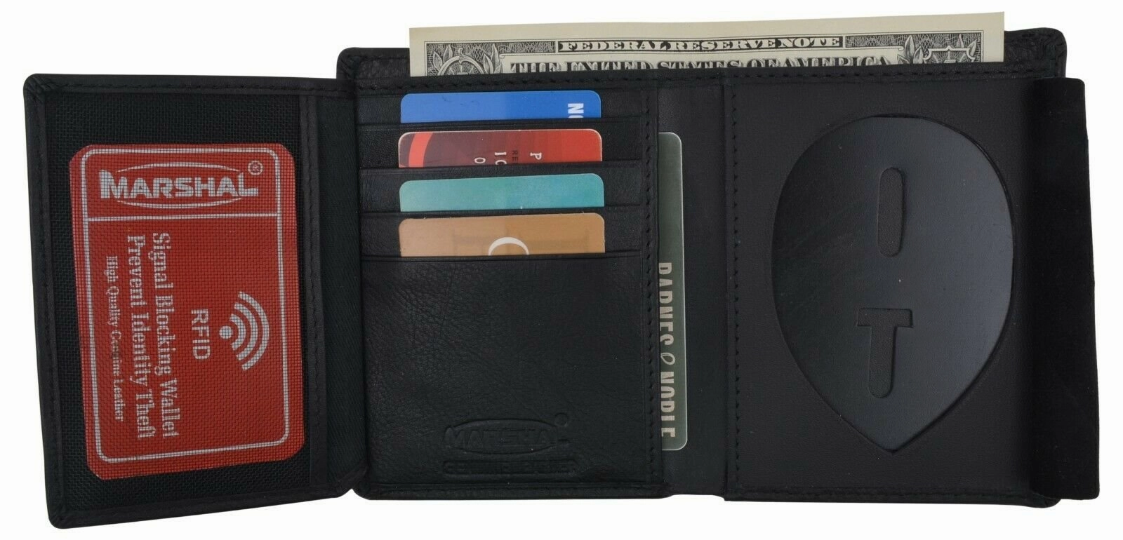Black Rfid Genuine Leather Badge Id Holder Trifold Wallet MustShop Sale Hot Deals Today