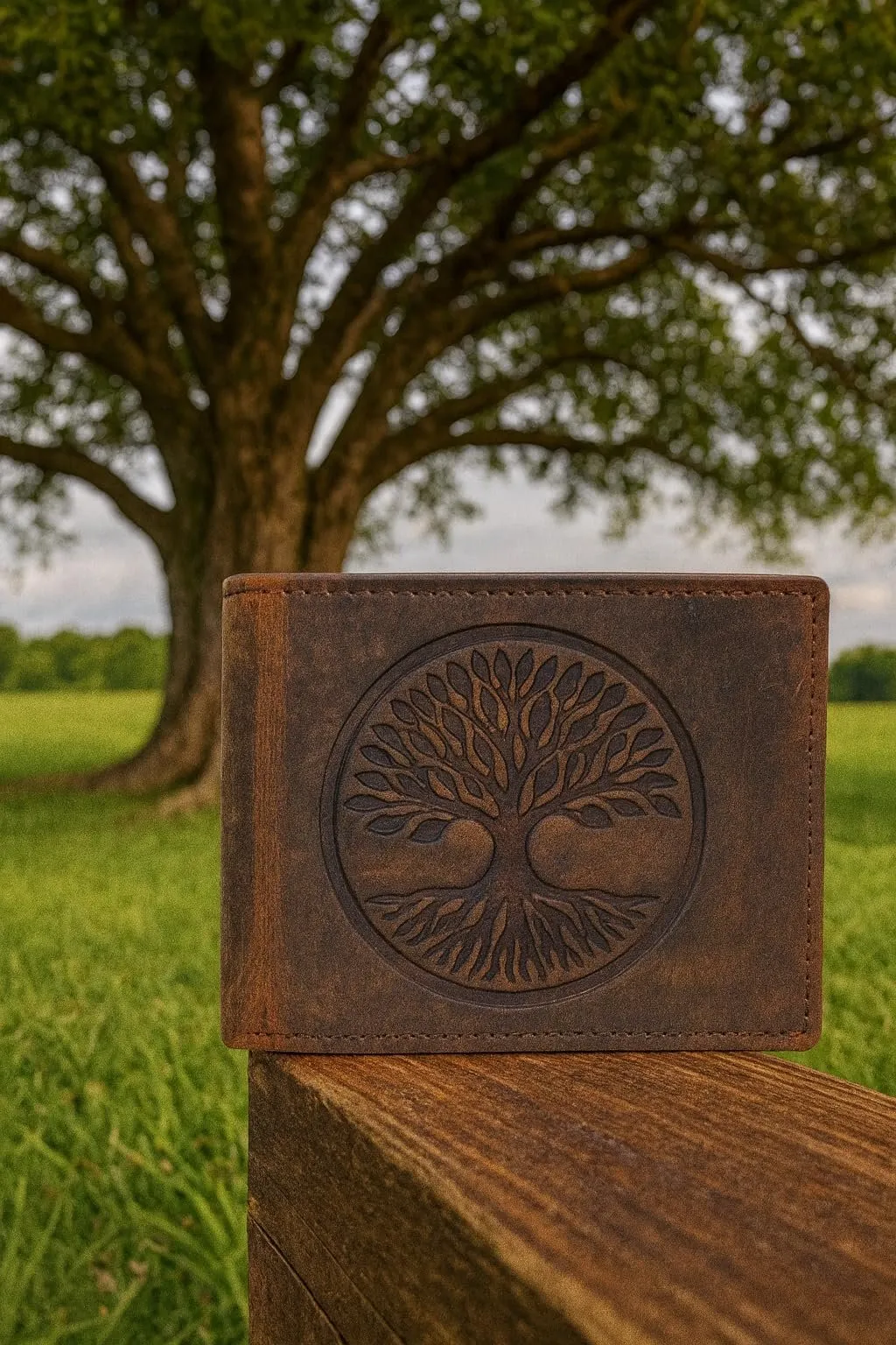 Vintage Leather Rfid Protected Men'S Bifold Wallet With Tree Of Life Design (Brown) Sweet Deal Inside