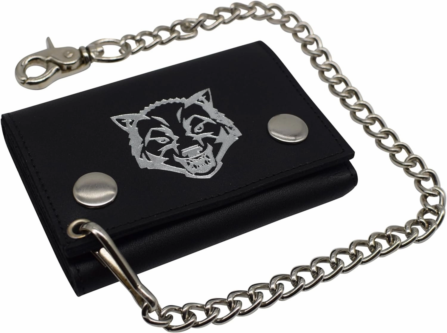 Wolf Rfid Blocking Trifold Biker Men'S Genuine Leather Steel Chain Wallet Snap Closure New Arrival Discount Limited Stock Alert