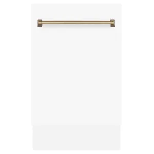 ZLINE Autograph Edition 18-Inch Compact 3rd Rack Top Control Dishwasher in White Matte with Champagne Bronze Handle, 51dBa (DWVZ-WM-18-CB)