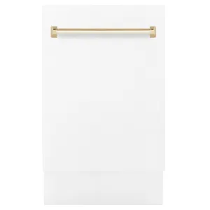 ZLINE Autograph Edition 18-Inch Compact 3rd Rack Top Control Dishwasher in White Matte with Gold Handle, 51dBa (DWVZ-WM-18-G)
