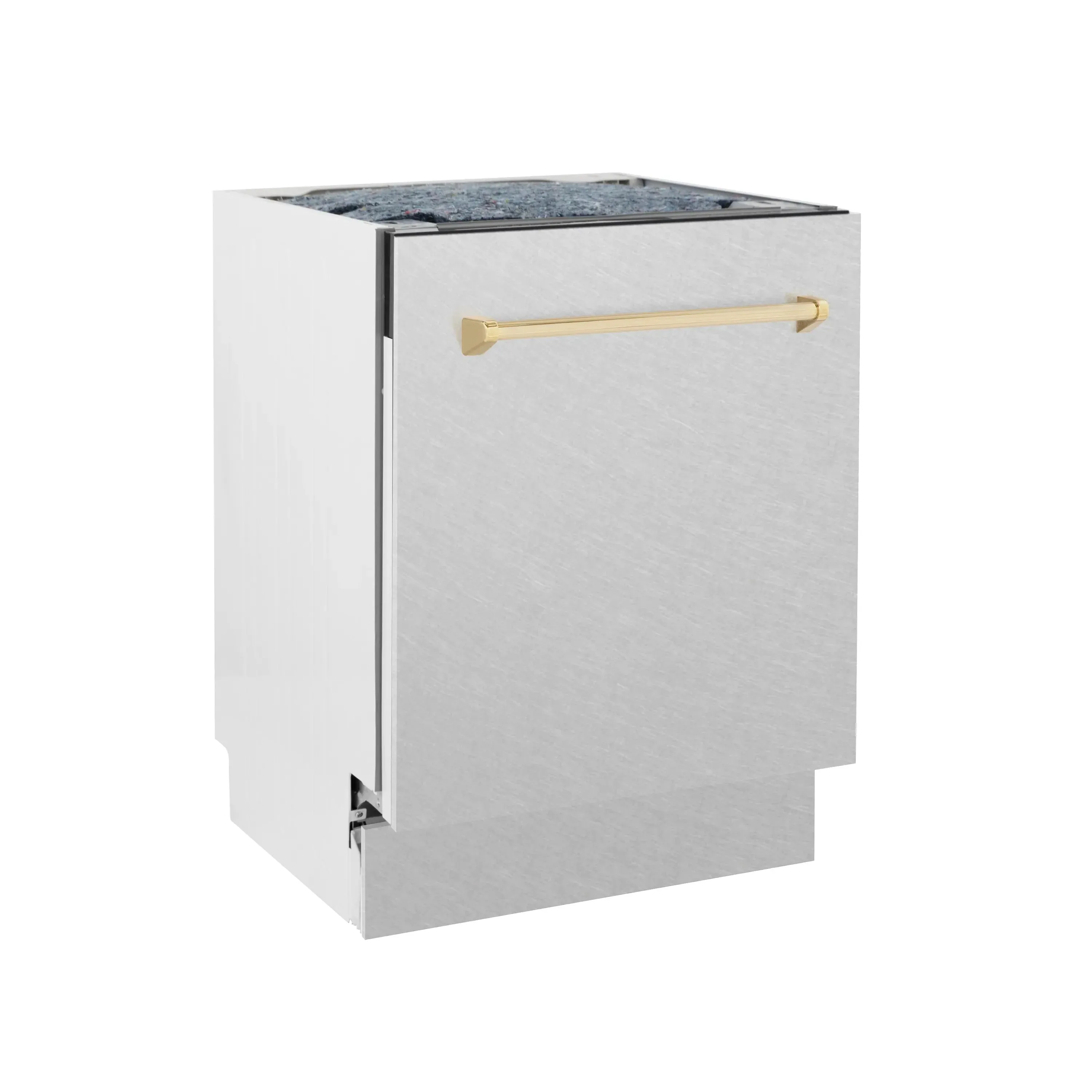 ZLINE Autograph Edition 24-Inch 3rd Rack Top Control Tall Tub Dishwasher in DuraSnow Stainless Steel with Gold Handle, 51dBa (DWVZ-SN-24-G)