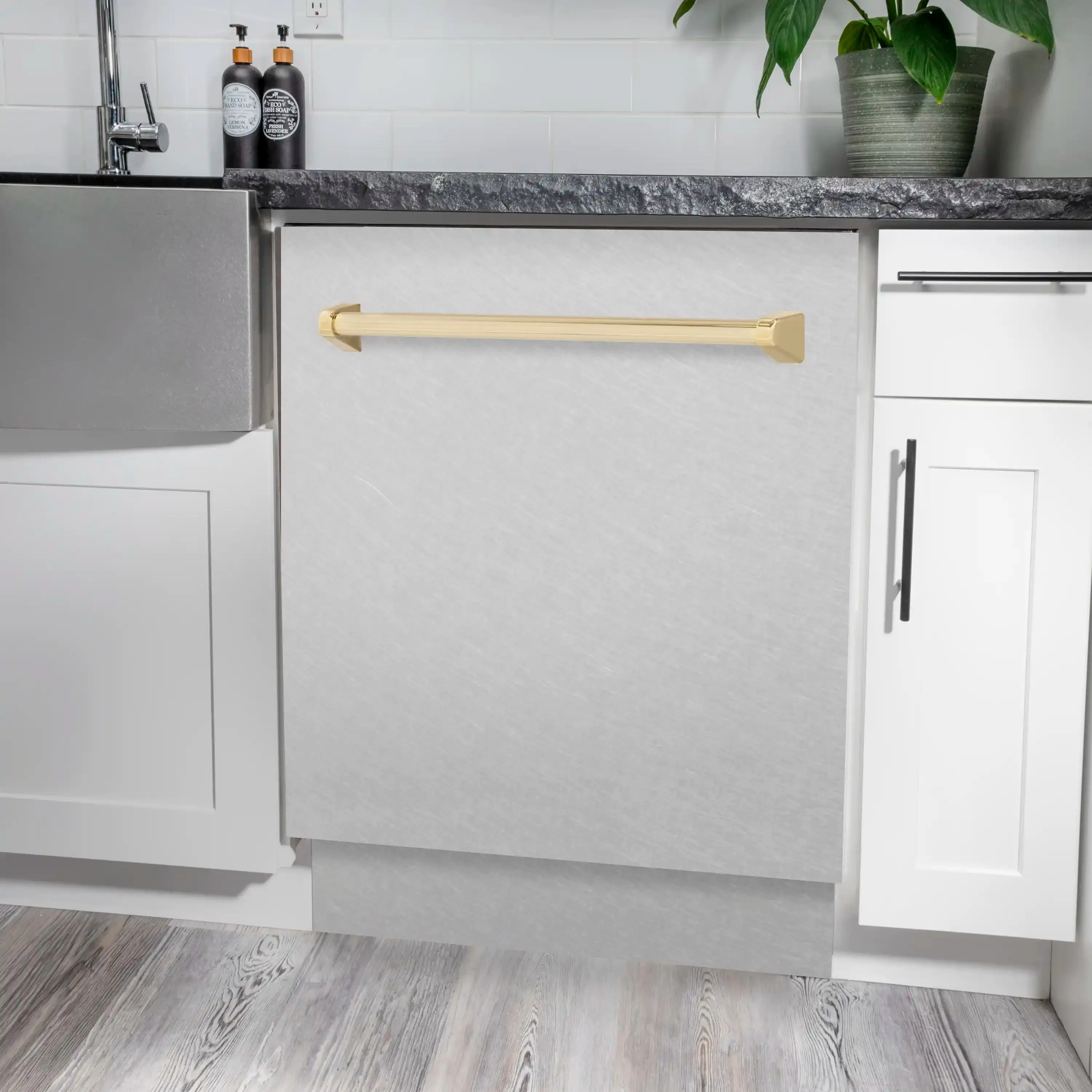ZLINE Autograph Edition 24-Inch 3rd Rack Top Control Tall Tub Dishwasher in DuraSnow Stainless Steel with Gold Handle, 51dBa (DWVZ-SN-24-G)