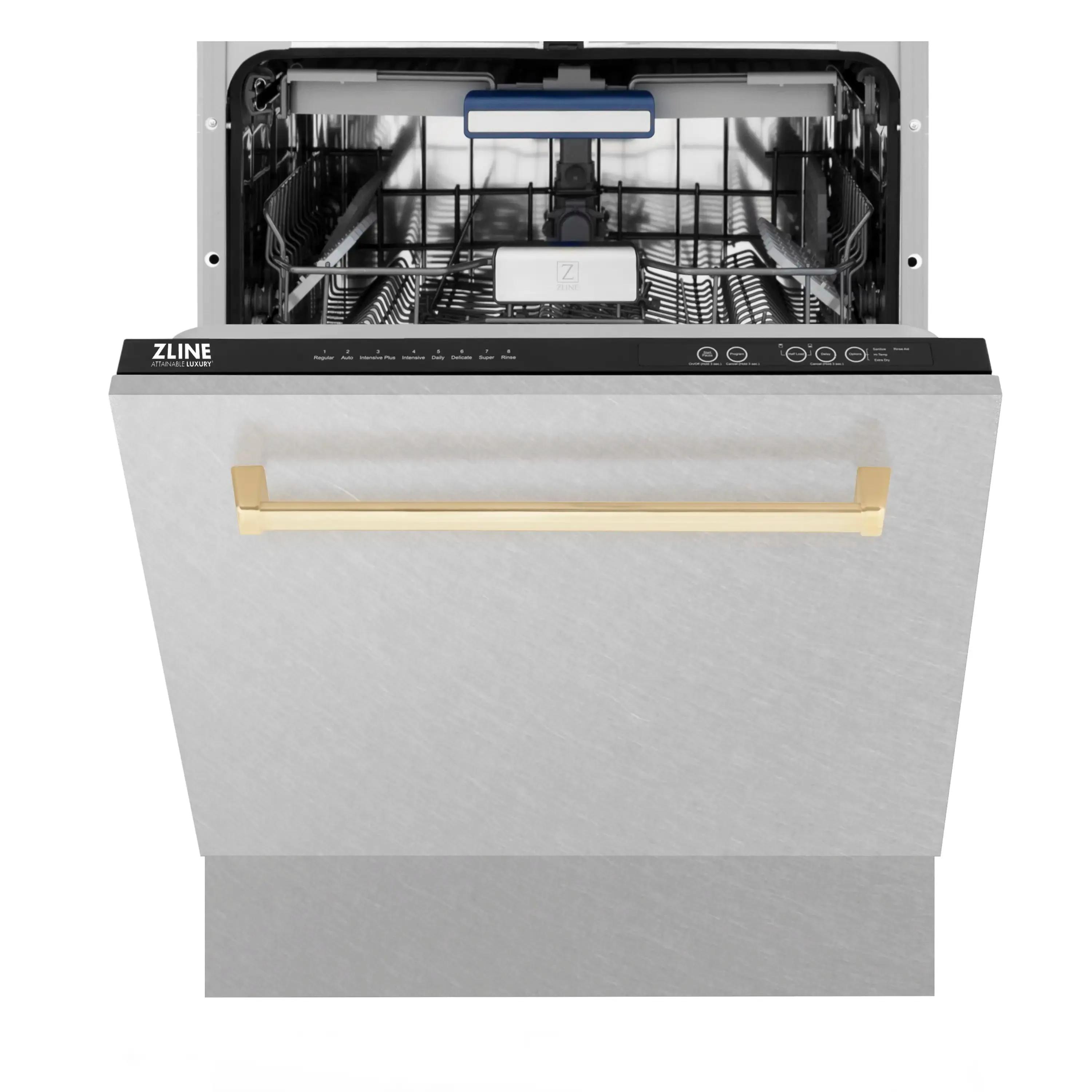 ZLINE Autograph Edition 24-Inch 3rd Rack Top Control Tall Tub Dishwasher in DuraSnow Stainless Steel with Gold Handle, 51dBa (DWVZ-SN-24-G)