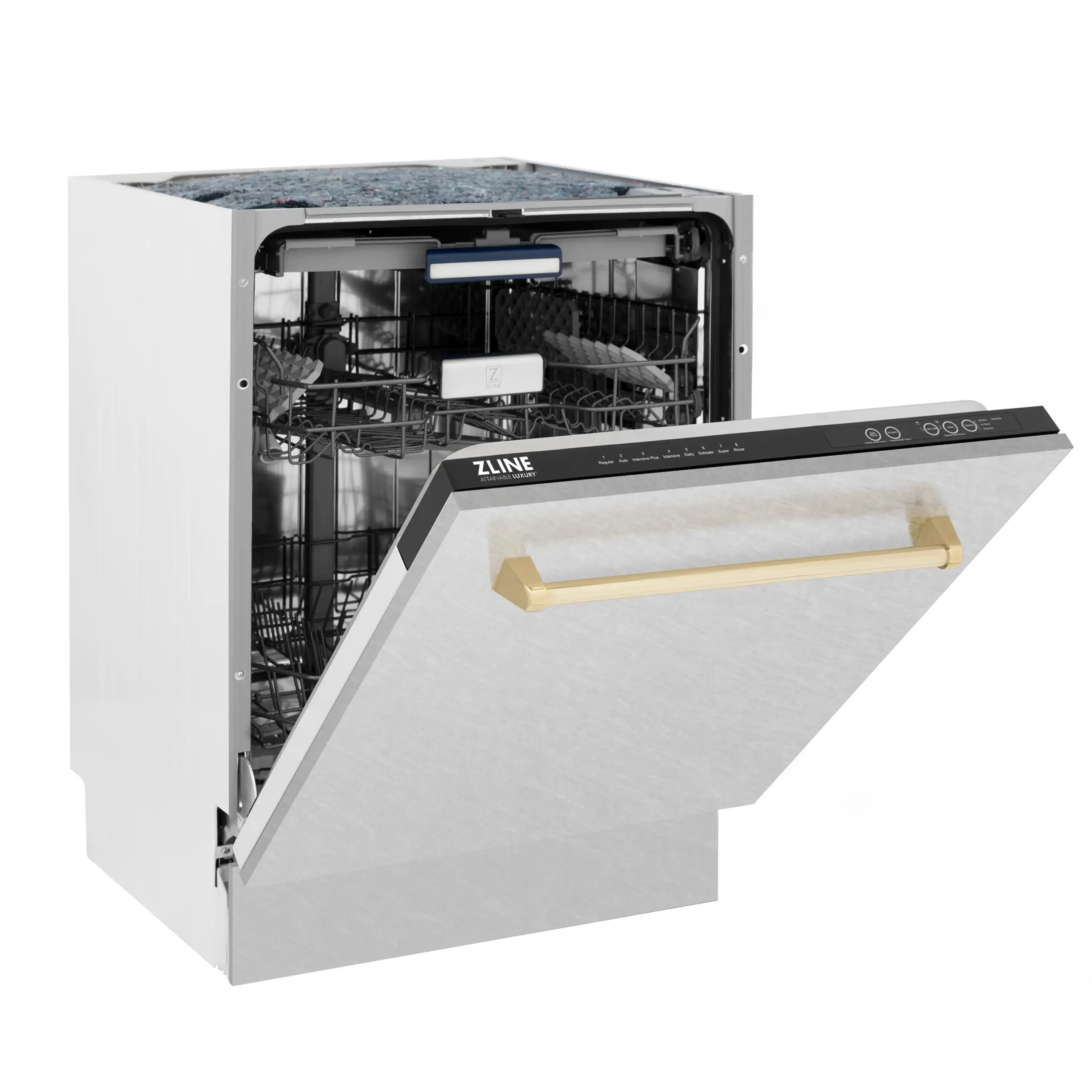 ZLINE Autograph Edition 24-Inch 3rd Rack Top Control Tall Tub Dishwasher in DuraSnow Stainless Steel with Gold Handle, 51dBa (DWVZ-SN-24-G)