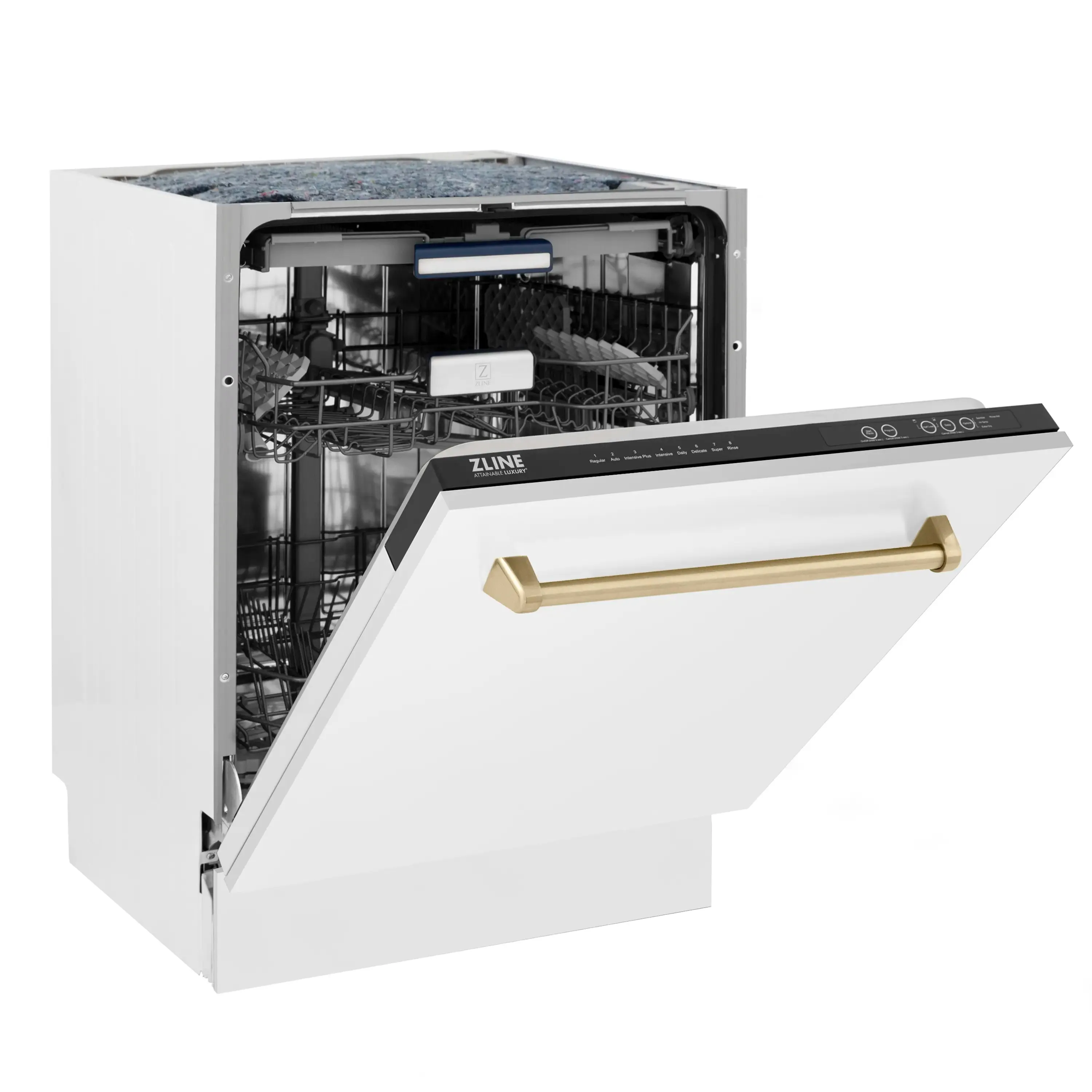 ZLINE Autograph Edition 24-Inch 3rd Rack Top Control Tall Tub Dishwasher in White Matte with Champagne Bronze Handle, 51dBa (DWVZ-WM-24-CB)