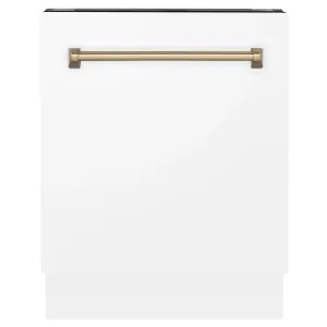 ZLINE Autograph Edition 24-Inch 3rd Rack Top Control Tall Tub Dishwasher in White Matte with Champagne Bronze Handle, 51dBa (DWVZ-WM-24-CB)