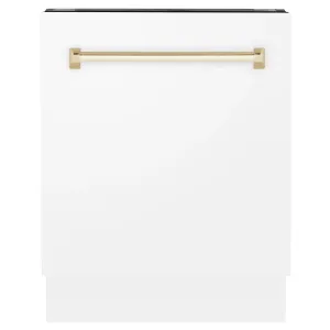 ZLINE Autograph Edition 24-Inch 3rd Rack Top Control Tall Tub Dishwasher in White Matte with Gold Handle, 51dBa (DWVZ-WM-24-G)