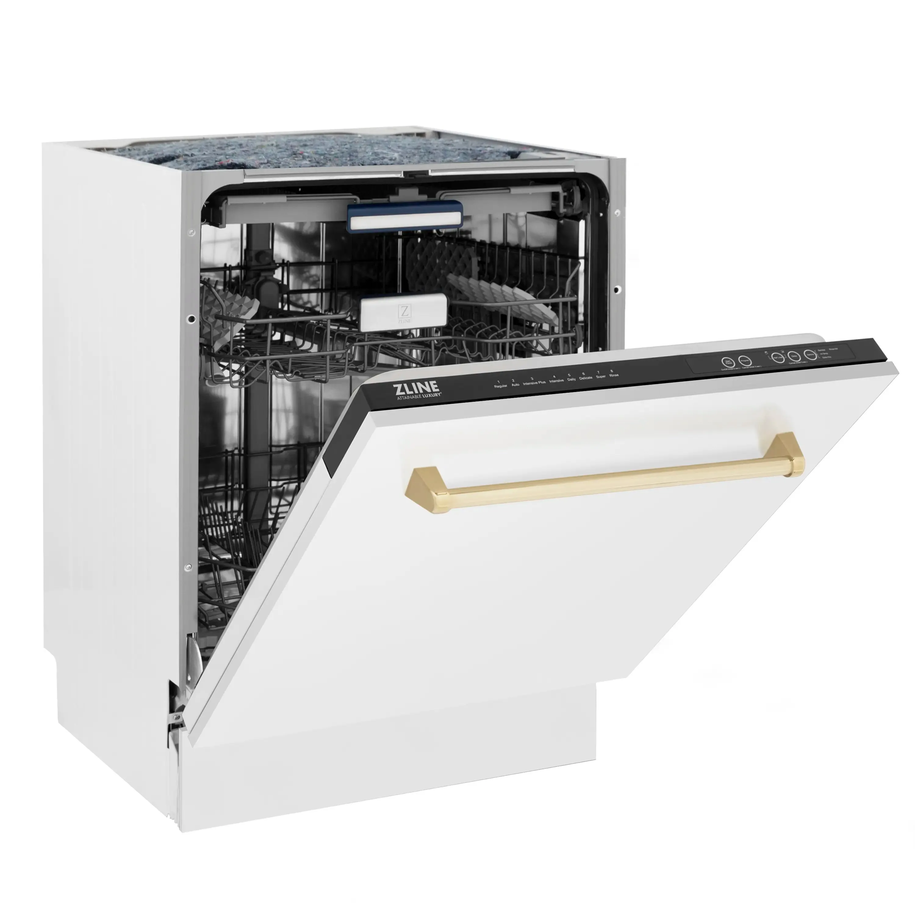 ZLINE Autograph Edition 24-Inch 3rd Rack Top Control Tall Tub Dishwasher in White Matte with Gold Handle, 51dBa (DWVZ-WM-24-G)