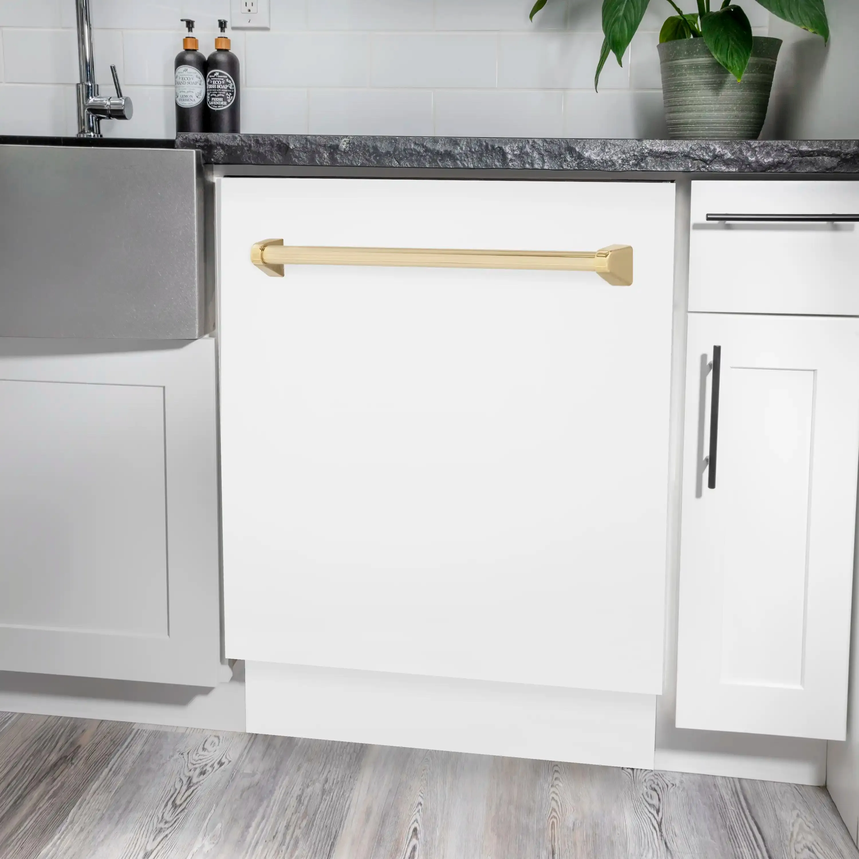 ZLINE Autograph Edition 24-Inch 3rd Rack Top Control Tall Tub Dishwasher in White Matte with Gold Handle, 51dBa (DWVZ-WM-24-G)