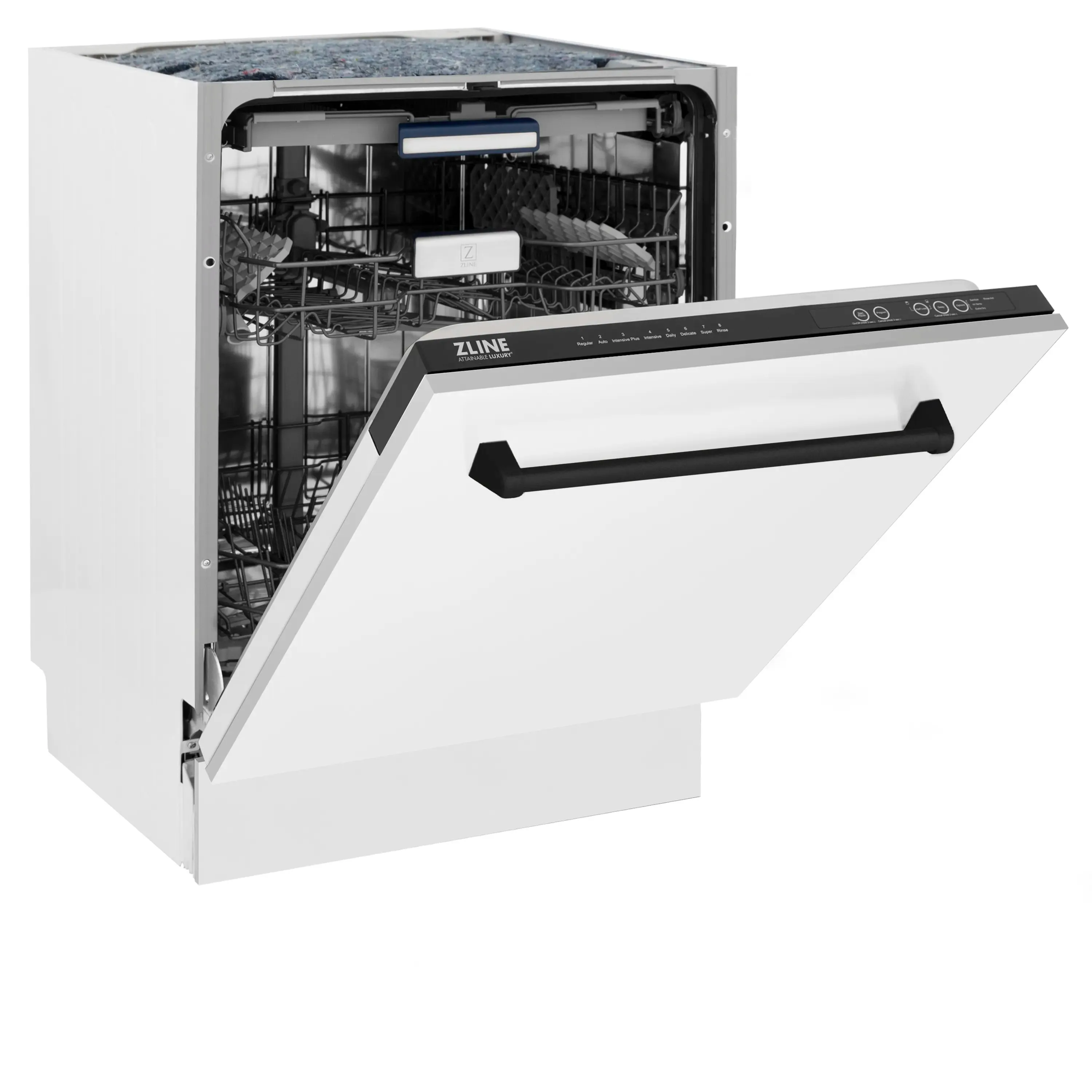 ZLINE Autograph Edition 24-Inch 3rd Rack Top Control Tall Tub Dishwasher in White Matte with Matte Black Handle, 51dBa (DWVZ-WM-24-MB)
