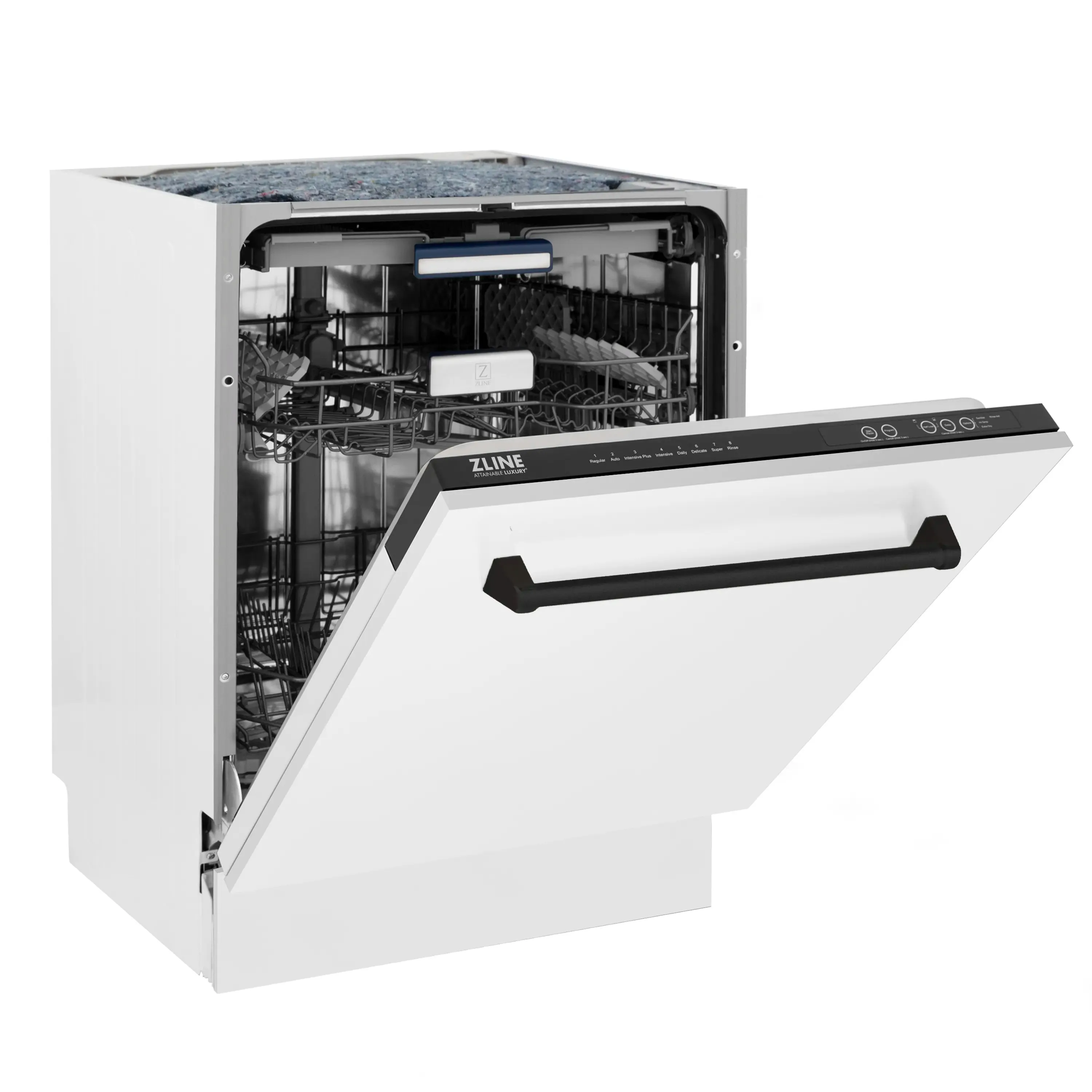 ZLINE Autograph Edition 24-Inch 3rd Rack Top Control Tall Tub Dishwasher in White Matte with Matte Black Handle, 51dBa (DWVZ-WM-24-MB)