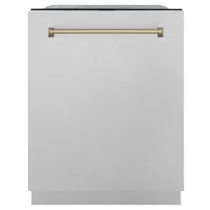 ZLINE Autograph Edition 24-Inch 3rd Rack Top Touch Control  Dishwasher in DuraSnow Stainless Steel, Champagne Bronze Handle, 45 dBa (DWMTZ-SN-24-CB)