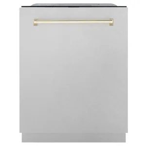 ZLINE Autograph Edition 24-Inch 3rd Rack Top Touch Control  Dishwasher in DuraSnow Stainless Steel with Gold Handle, 45 dBa (DWMTZ-SN-24-G)
