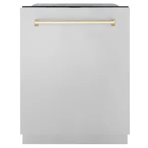ZLINE Autograph Edition 24-Inch 3rd Rack Top Touch Control  Dishwasher in Stainless Steel with Gold Handle, 45 dBa (DWMTZ-304-24-G)
