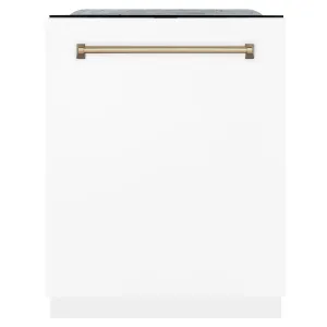 ZLINE Autograph Edition 24-Inch 3rd Rack Top Touch Control  Dishwasher in White Matte with Champagne Bronze Handle, 45 dBa (DWMTZ-WM-24-CB)