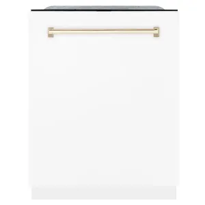 ZLINE Autograph Edition 24-Inch 3rd Rack Top Touch Control  Dishwasher in White Matte with Gold Handle, 45 dBa (DWMTZ-WM-24-G)